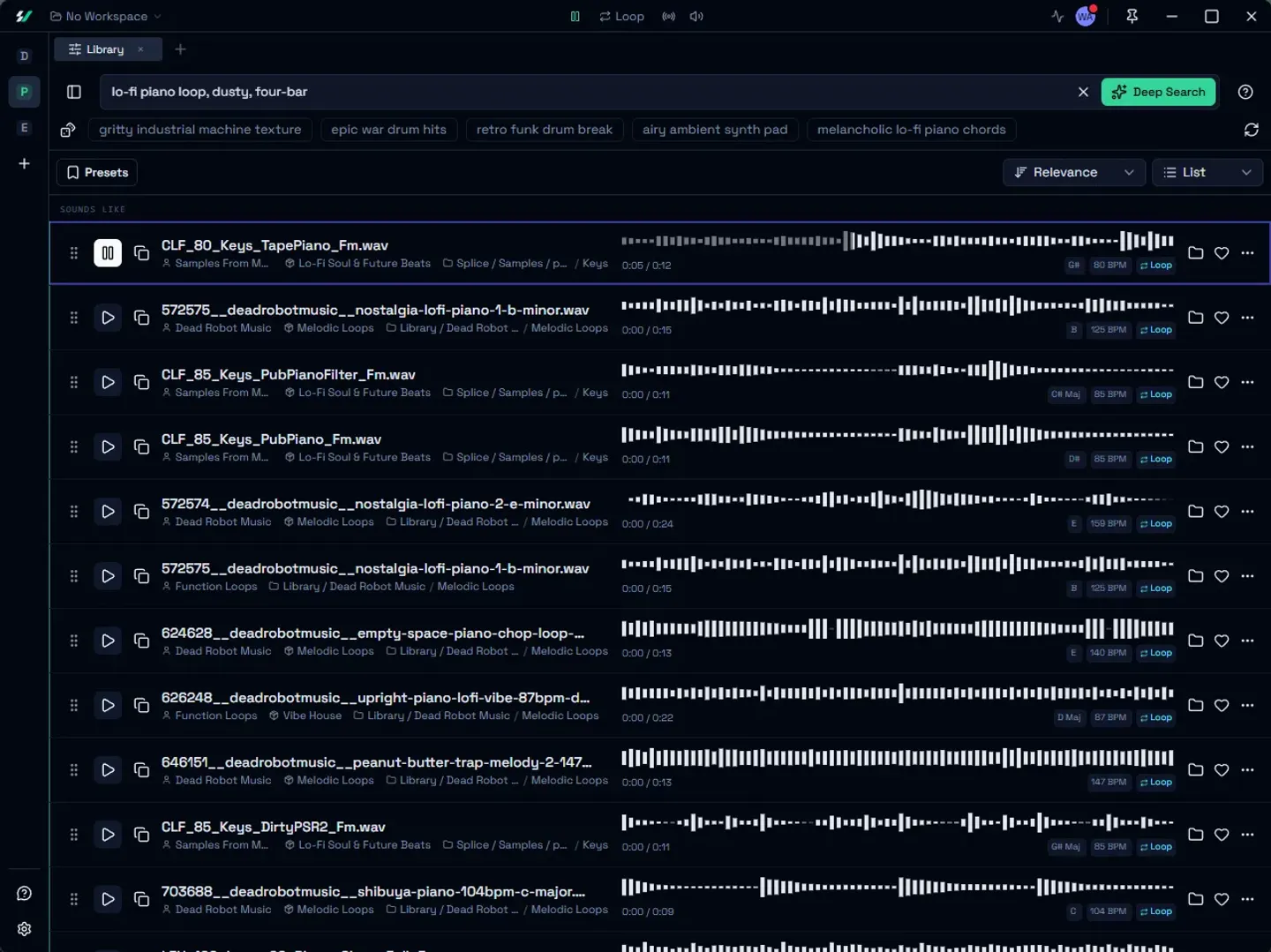 Deep Search in Sample Vault: the query 'lo-fi piano loop, dusty, four-bar' returning samples matched by sound
