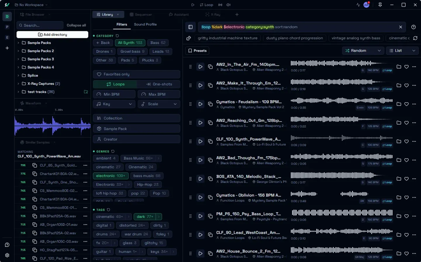 Sample Vault's library view: a natural-language search bar, filter facets, and waveform previews across a producer's sample collection