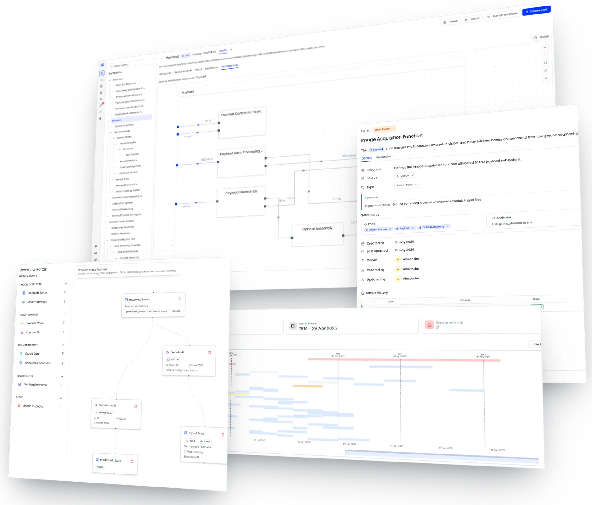 Three synapse™ screens: the system architecture editor, a requirement with its verification trail, and the visual workflow editor running a satellite mass analysis
